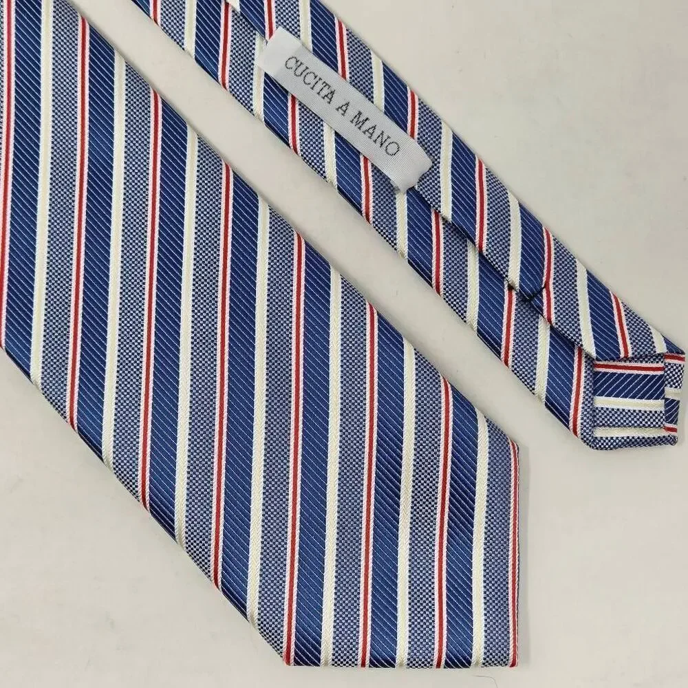 MARCO LAURENTI ITALY SILK TIE LUXURY BLUE WHITE RED LUXURY STRIPE 3.5